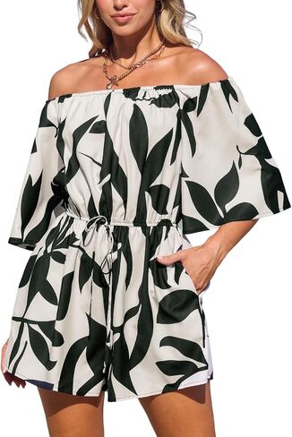 CUPSHE Women's Summer Casual 3/4 Sleeve Romper Wide Leg Floral Tropical Off Shoulder Elastic Waist Jumpsuit with Pockets in Kuwait