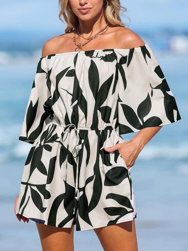 CUPSHE Women's Summer Casual 3/4 Sleeve Romper Wide Leg Floral Tropical Off Shoulder Elastic Waist Jumpsuit with Pockets in Kuwait