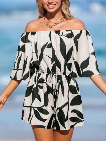 CUPSHE Women's Summer Casual 3/4 Sleeve Romper Wide Leg Floral Tropical Off Shoulder Elastic Waist Jumpsuit with Pockets in Kuwait