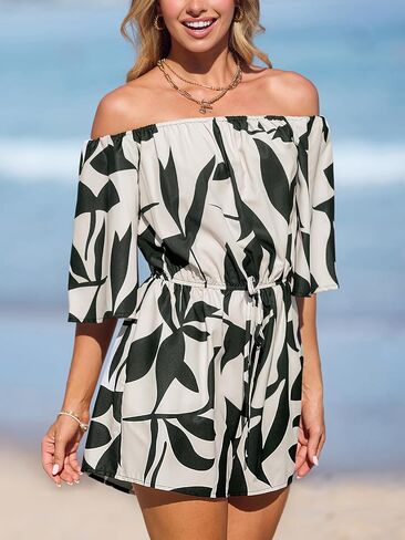 CUPSHE Women's Summer Casual 3/4 Sleeve Romper Wide Leg Floral Tropical Off Shoulder Elastic Waist Jumpsuit with Pockets in Kuwait