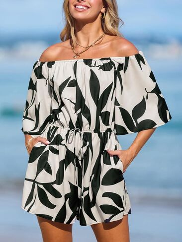 CUPSHE Women's Summer Casual 3/4 Sleeve Romper Wide Leg Floral Tropical Off Shoulder Elastic Waist Jumpsuit with Pockets in Kuwait