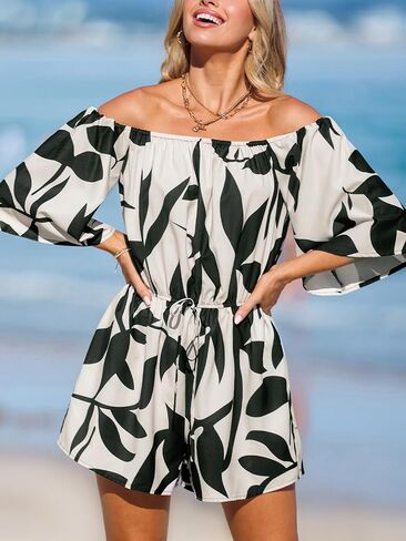 CUPSHE Women's Summer Casual 3/4 Sleeve Romper Wide Leg Floral Tropical Off Shoulder Elastic Waist Jumpsuit with Pockets in Kuwait