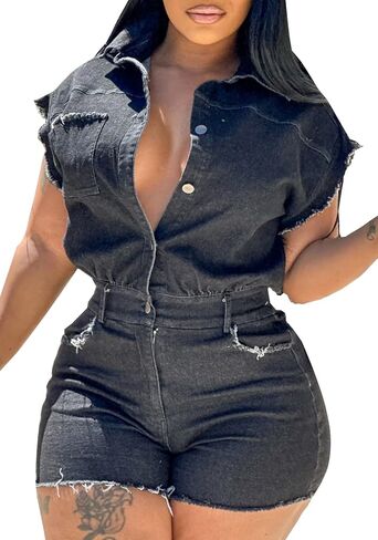 Tcremisa Women's Vintage Distressed Short Denim Jumpsuit Stretch Short Sleeve Button Down Cargo Jean Rompers in Saudi Arabia