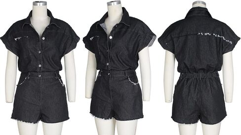 Tcremisa Women's Vintage Distressed Short Denim Jumpsuit Stretch Short Sleeve Button Down Cargo Jean Rompers in Saudi Arabia