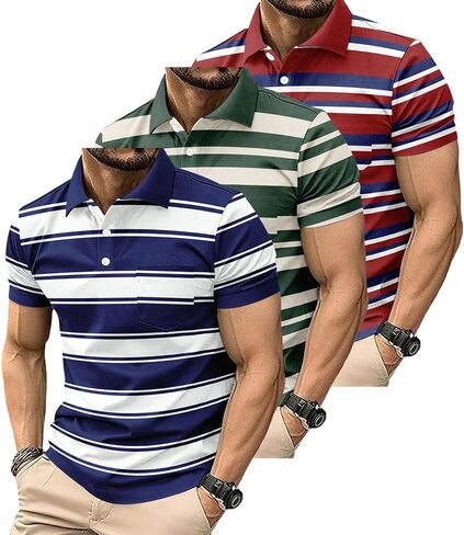 3 Pack Mens Striped Golf Shirt Moisture Wicking Quick-Dry Short Sleeve Casual Print Collared Golf Polo Shirts in Saudi Arabia