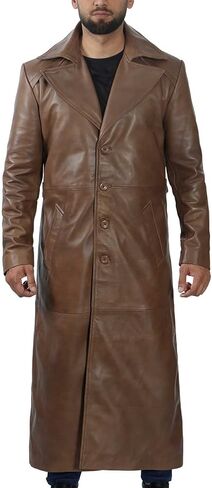 fjackets Leather Long Coat Men Full Length Peacoat Mens - Real Lambskin Leather Trench Coats For Men in Kuwait