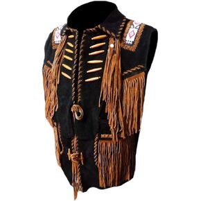 Men's Cowboy Fringes, Bones & Beads Suede Leather Stylish Vest in Saudi Arabia
