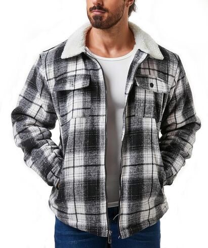 Zity Mens Flannel Jacket Lapel zip up fleece fleece plaid sherpa coated coat in Kuwait