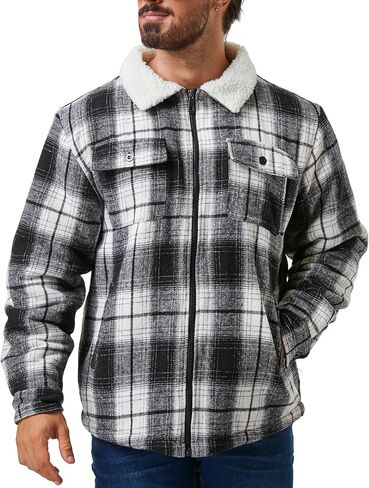 Zity Mens Flannel Jacket Lapel zip up fleece fleece plaid sherpa coated coat in Kuwait