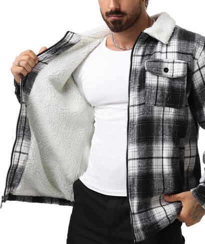 Zity Mens Flannel Jacket Lapel zip up fleece fleece plaid sherpa coated coat in Kuwait