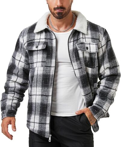Zity Mens Flannel Jacket Lapel zip up fleece fleece plaid sherpa coated coat in Kuwait