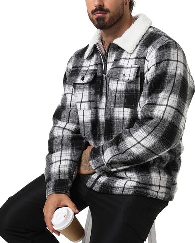 Zity Mens Flannel Jacket Lapel zip up fleece fleece plaid sherpa coated coat in Kuwait