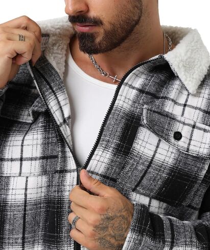Zity Mens Flannel Jacket Lapel zip up fleece fleece plaid sherpa coated coat in Kuwait