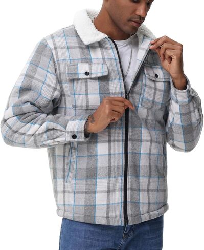 Zity Mens Flannel Jacket Lapel zip up fleece fleece plaid sherpa coated coat in Kuwait