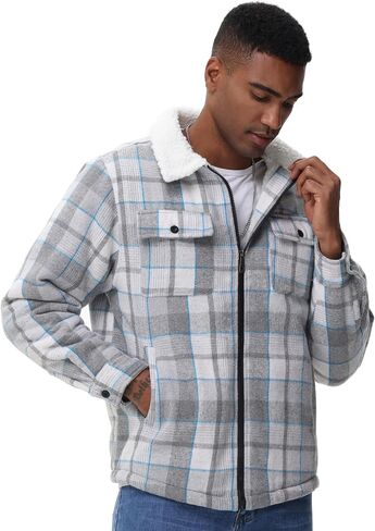 Zity Mens Flannel Jacket Lapel zip up fleece fleece plaid sherpa coated coat in Kuwait
