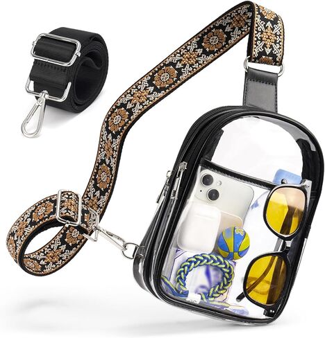 Clear Bag for Stadium Events with 2 Detachable Straps, Sling Bag, Clear Concert Bag for Women/Men, Clear Crossbody Bag, with Adjustable Black & Sunflower Style Straps in Kuwait