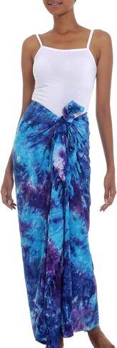Novica Blue Purple Tie Dye Rayon Sarong Beach Swimsuit تغطي "زجاج البحر" in Saudi Arabia