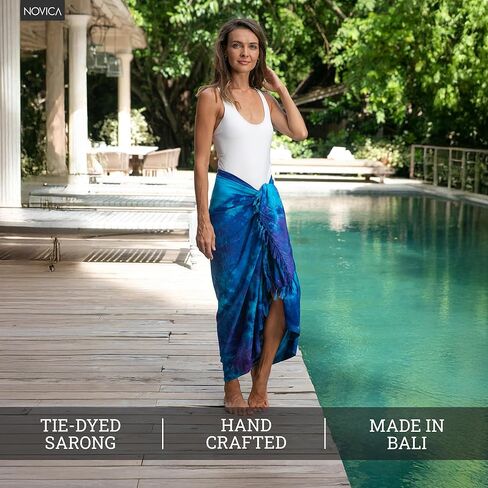 Novica Blue Purple Tie Dye Rayon Sarong Beach Swimsuit تغطي "زجاج البحر" in Saudi Arabia
