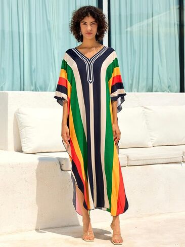 فستان الكافتان النسائي قصير الأكمام شاطئ تغطية الطباعة بالإضافة إلى الحجم V-neck caftan فستان طويل ماكسي طويل in Saudi Arabia