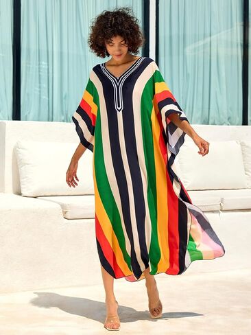 فستان الكافتان النسائي قصير الأكمام شاطئ تغطية الطباعة بالإضافة إلى الحجم V-neck caftan فستان طويل ماكسي طويل in Saudi Arabia