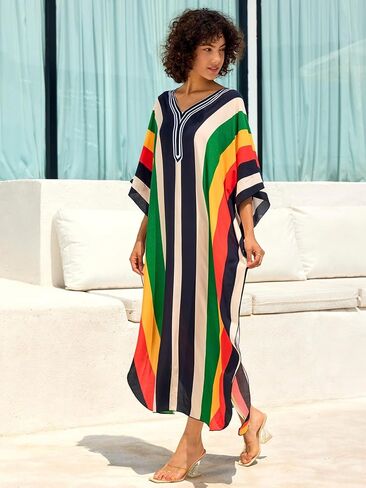 فستان الكافتان النسائي قصير الأكمام شاطئ تغطية الطباعة بالإضافة إلى الحجم V-neck caftan فستان طويل ماكسي طويل in Saudi Arabia