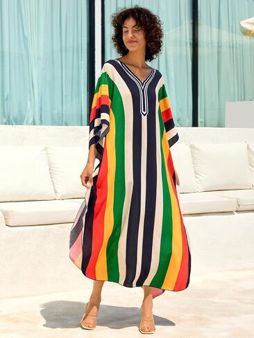 فستان الكافتان النسائي قصير الأكمام شاطئ تغطية الطباعة بالإضافة إلى الحجم V-neck caftan فستان طويل ماكسي طويل in Saudi Arabia