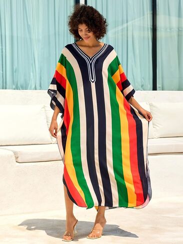 فستان الكافتان النسائي قصير الأكمام شاطئ تغطية الطباعة بالإضافة إلى الحجم V-neck caftan فستان طويل ماكسي طويل in Saudi Arabia