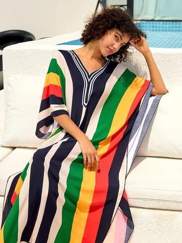 فستان الكافتان النسائي قصير الأكمام شاطئ تغطية الطباعة بالإضافة إلى الحجم V-neck caftan فستان طويل ماكسي طويل in Saudi Arabia