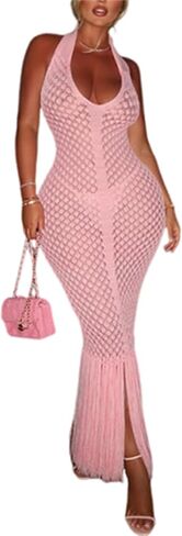 Women's Crochet Bodycon Maxi Dress Sexy Halter Backless Knit Fringe Party Club Long Dress Summer Beach Vacation Cover Up in Saudi Arabia