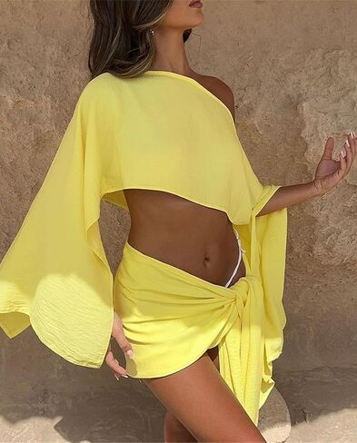 Women's Linen 2 Piece Set Bathing Suit Cover Up Y2K Long Bell Sleeve Wrap Mini Skirt Sarong Bikini Swimsuit Coverup in Kuwait