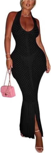 Women's Crochet Bodycon Maxi Dress Sexy Halter Backless Knit Fringe Party Club Long Dress Summer Beach Vacation Cover Up in Saudi Arabia