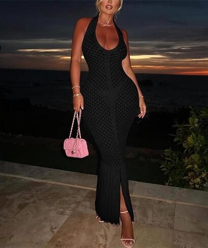 Women's Crochet Bodycon Maxi Dress Sexy Halter Backless Knit Fringe Party Club Long Dress Summer Beach Vacation Cover Up in Saudi Arabia