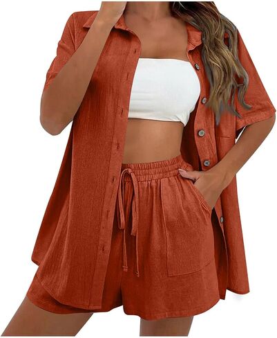 Linen Sets for Women 2 Piece Shorts Dressy Short Sleeve Blouses Shorts Set Summer Vacation Beach Matching Outfits in Kuwait