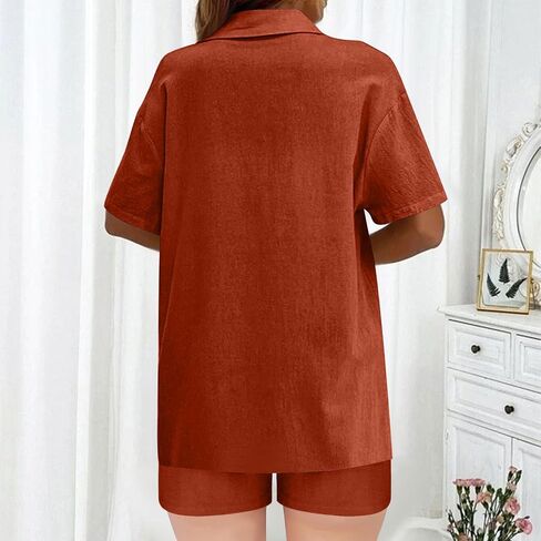 Linen Sets for Women 2 Piece Shorts Dressy Short Sleeve Blouses Shorts Set Summer Vacation Beach Matching Outfits in Kuwait