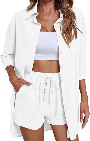 Linen Sets for Women 2 Piece Shorts Dressy Short Sleeve Blouses Shorts Set Summer Vacation Beach Matching Outfits in Kuwait