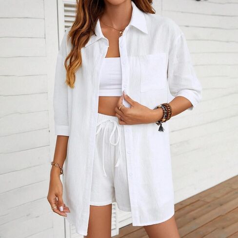 Linen Sets for Women 2 Piece Shorts Dressy Short Sleeve Blouses Shorts Set Summer Vacation Beach Matching Outfits in Kuwait