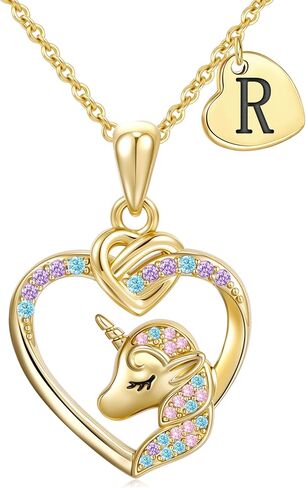 Unicorn Initial Necklaces Gifts for Girls Kids - 14K Real Gold Plated Heart Initial Unicorn Necklace Teen Girls Gifts Trendy Stuff Heart Letter Necklace for Women Girl Kids in Saudi Arabia