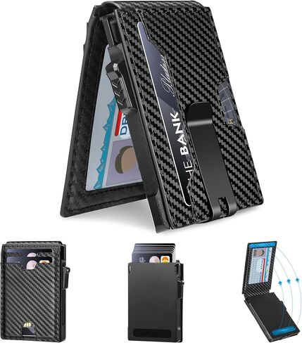 محفظة الحد الأدنى للرجال ، حظر RFID نحيف محفظة Bifold Wallet Card Card Card Case Aluminium Card مع مقطع المال (ألياف الكربون أسود) in Saudi Arabia