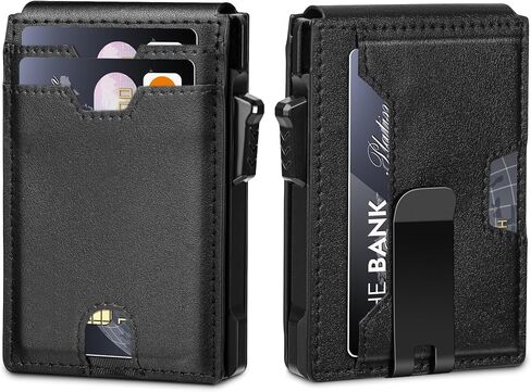 Minimalist Wallet for Men,Slim RFID Blocking Bifold Wallet Credit Card Holder Aluminum Pop-Up Card Case with Money Clip (Carbon Fiber Black) in Saudi Arabia