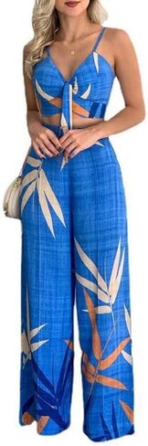 Women's Floral Print Graphic 2 Piece Sets Summer Boho Front V Neck Crop Tank Cami Tops and Wide Leg Pants Outfits in Saudi Arabia