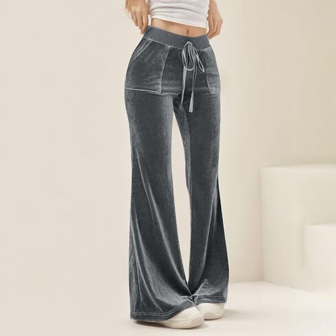Hvyesh Velvet Pants Women Lounge Comfy Womens Velour Flare Pants Casual Pants Wide Leg High Waisted Drawstring with Pockets in Kuwait