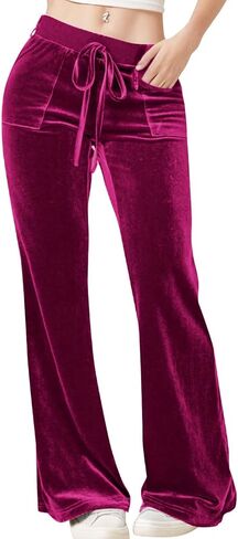 Hvyesh Velvet Pants Women Lounge Comfy Womens Velour Flare Pants Casual Pants Wide Leg High Waisted Drawstring with Pockets in Kuwait