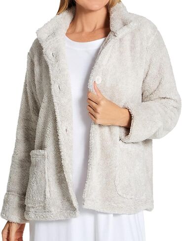 LA CERA Women's Fleece Bed Jacket - 100% Polyester, Collared Button Front, Long Sleeves, Front Pockets, Solid Pattern in Saudi Arabia