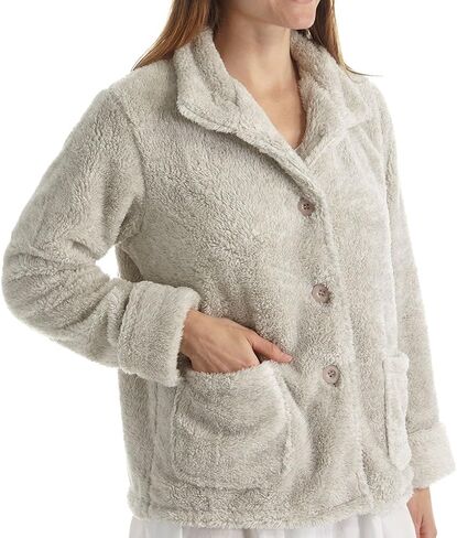 LA CERA Women's Fleece Bed Jacket - 100% Polyester, Collared Button Front, Long Sleeves, Front Pockets, Solid Pattern in Saudi Arabia
