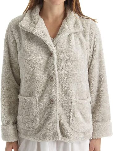 LA CERA Women's Fleece Bed Jacket - 100% Polyester, Collared Button Front, Long Sleeves, Front Pockets, Solid Pattern in Saudi Arabia