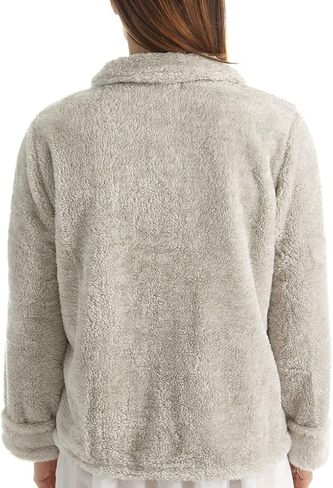 LA CERA Women's Fleece Bed Jacket - 100% Polyester, Collared Button Front, Long Sleeves, Front Pockets, Solid Pattern in Saudi Arabia