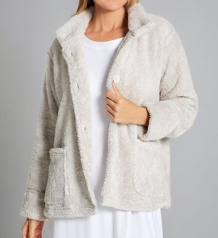 LA CERA Women's Fleece Bed Jacket - 100% Polyester, Collared Button Front, Long Sleeves, Front Pockets, Solid Pattern in Saudi Arabia