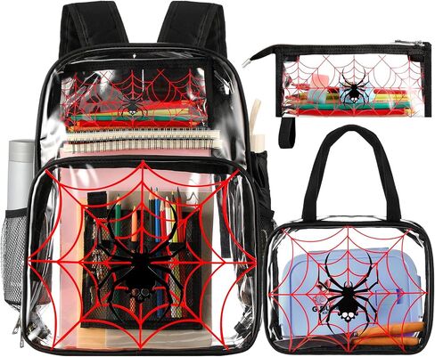 3 Pcs Girls Clear Backpack for Kids Purple Stadium Approved Backpack Transparent Girl Bookbag with Lunch Bag and Pencil Case Set School Bags for Elementary Middle High School(Spider) in Saudi Arabia