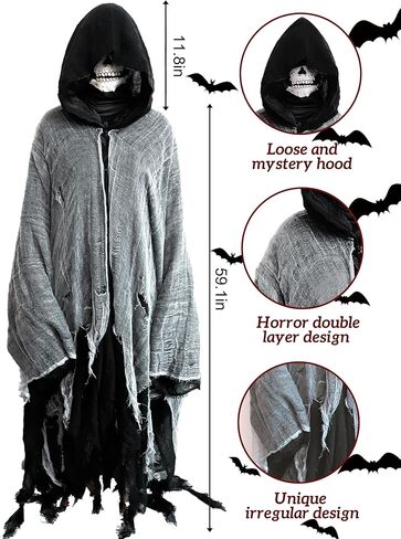 غريم ريبر أزياء هالوين الرعب مع غطاء محرك السيارة للرجال خمر مخيفة مخيفة مدمن مخدرات ، والقفازات الجمجمة والهيكل العظمي in Kuwait