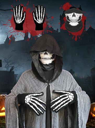غريم ريبر أزياء هالوين الرعب مع غطاء محرك السيارة للرجال خمر مخيفة مخيفة مدمن مخدرات ، والقفازات الجمجمة والهيكل العظمي in Kuwait